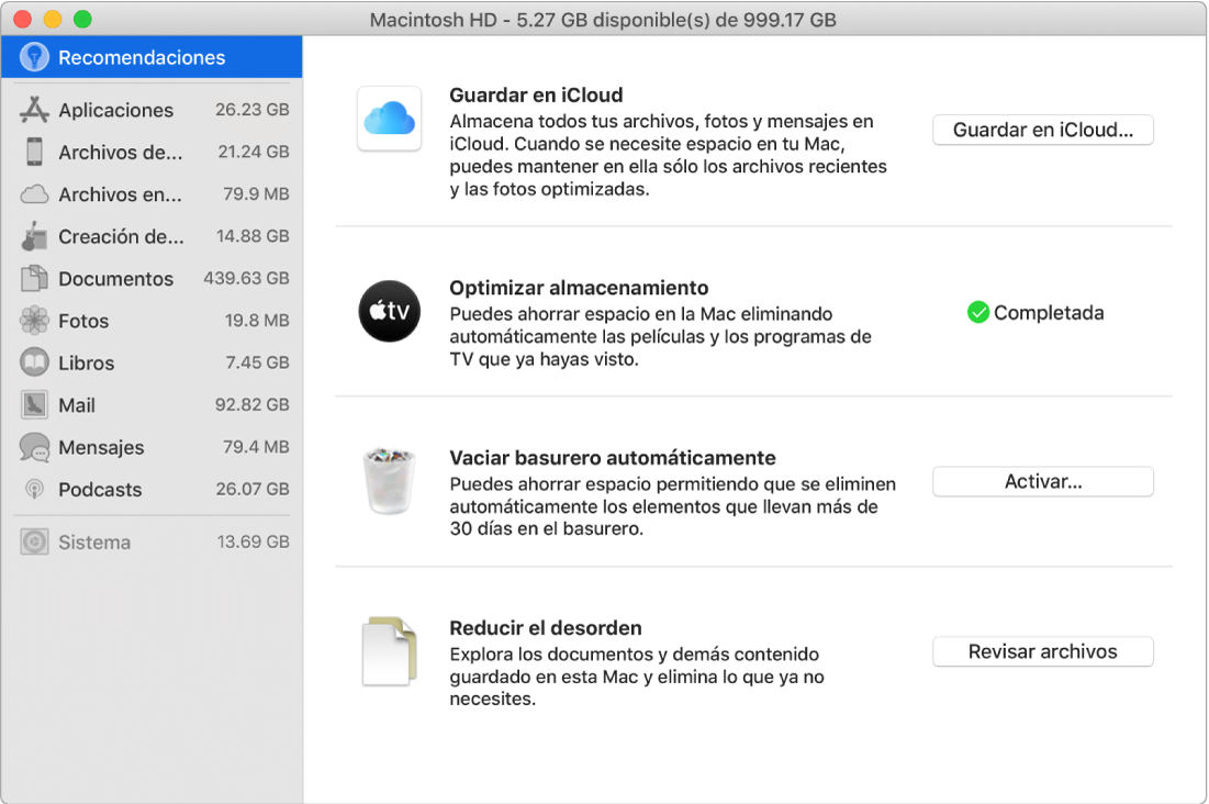 Las preferencias de Recomendaciones del almacenamiento mostrando las opciones "Guardar en iCloud", "Optimizar almacenamiento", "Vaciar Basurero automáticamente" y "Reducir el desorden".