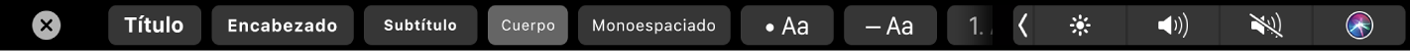 Touch Bar de Notas con botones para elegir estilos de párrafo incluyendo Título, Encabezado y Cuerpo, y también botones para agregar opciones de lista incluyendo viñetas, guiones y números.