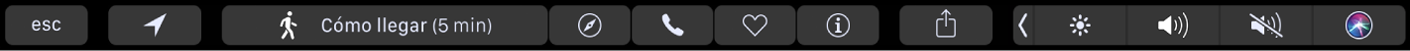 Touch Bar de Mapas mostrando que puede tocar "Cómo llegar" para obtener indicaciones, o tocar los botones Safari, llamada, favorito e información.