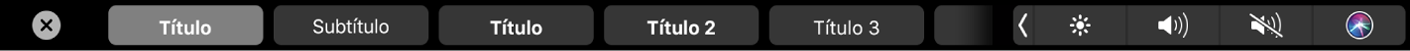 Touch Bar de Pages mostrando estilos de formato de párrafo, incluyendo Título, Encabezado y Subtítulo.