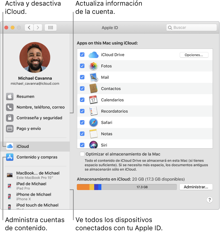 El panel Apple ID de Preferencias del Sistema. Haz clic en un elemento en la barra lateral para actualizar la información de tu cuenta, activar o desactivar iCloud, administrar cuentas de contenido y ver todos los dispositivos en los que has iniciado sesión con tu Apple ID.