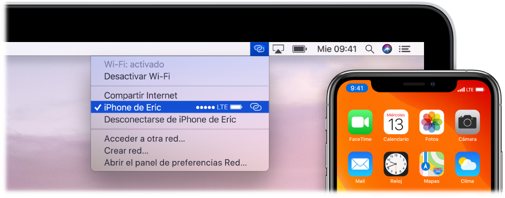 Pantalla de la Mac con el menú Wi-Fi mostrando una conexión de Compartir Internet con un iPhone.