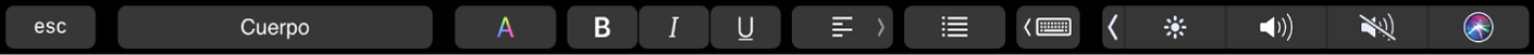 Touch Bar de Pages con los botones para cambiar el estilo de los párrafos y el color, formato y alineación del texto. También hay un botón para las sugerencias de escritura.
