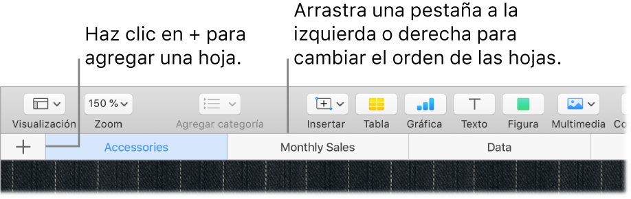 Ventana de Numbers mostrando cómo agregar una hoja nueva y cómo cambiar el orden de las hojas.