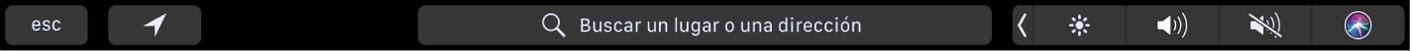 Touch Bar de Mapas con botones para obtener la ubicación actual e indicaciones. También se ve la barra de búsqueda.