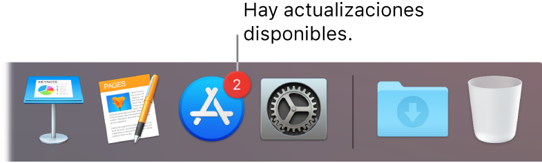 Una parte del Dock mostrando el ícono de App Store con un indicador que muestra que hay actualizaciones disponibles.