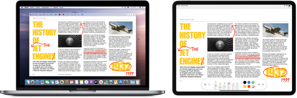 Una MacBook Pro y un iPad lado a lado. Ambas pantallas muestran un artículo cubierto de ediciones rojas garabateadas, como oraciones tachadas, flechas y palabras agregadas. El iPad también tiene controles de marcado en la parte inferior de la pantalla.