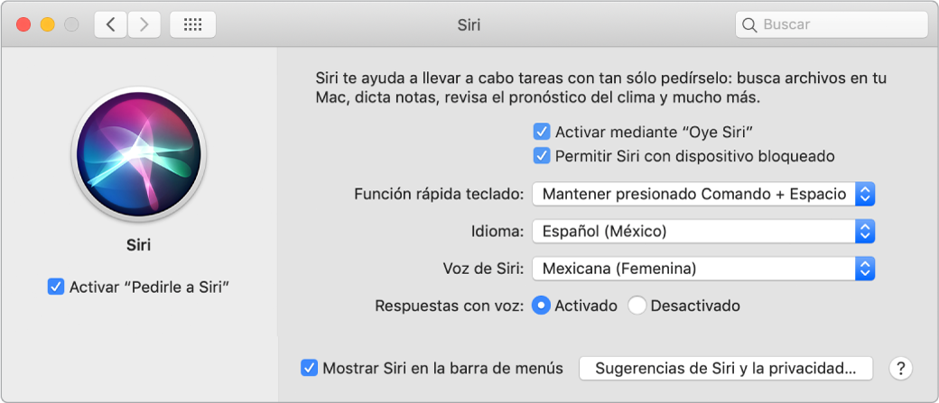 La ventana del panel de preferencias Siri con la opción para activar “Pedirle a Siri” seleccionada en la izquierda, y varias opciones para personalizar a Siri en la derecha, incluida la opción “Al escuchar ‘Oye Siri’”.