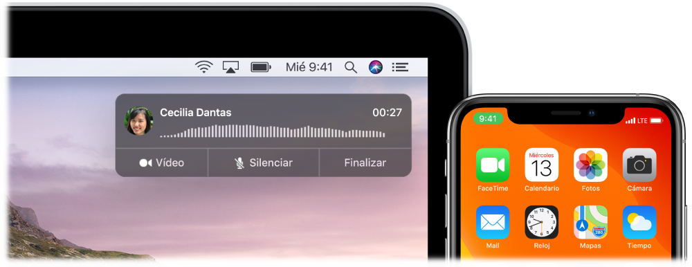 Pantalla del Mac con la ventana de notificación de llamadas en la esquina superior derecha y un iPhone con una llamada en curso a través del Mac.