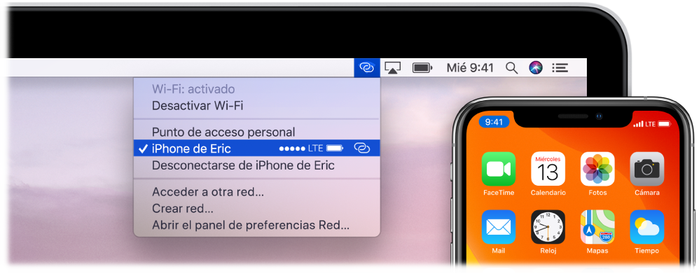 Pantalla de un Mac con el menú de la conexión Wi-Fi en el que se muestra la función “Compartir Internet” conectada a un iPhone.