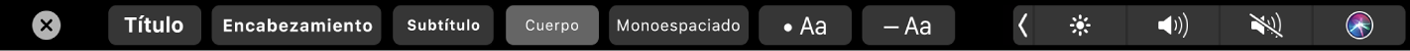 La Touch Bar de Notas con botones para establecer estilos de párrafos que incluyen Título, Encabezamiento y Cuerpo, así como botones relacionados con las opciones de listas, que incluyen viñetas, guiones y números.