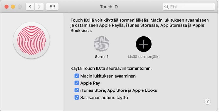 Touch ID -asetusten ikkuna, jossa valinnat sormenjäljen lisäämiselle ja Touch ID:n käyttämiselle Macin avaamiseen, Apple Payn käyttämiseen ja ostosten tekemiseen iTunes Storessa, App Storessa ja Book Storessa.