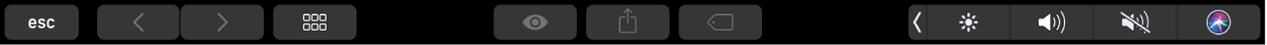 Touch Bar du Finder avec des boutons permettant de changer de présentation, d’afficher un aperçu, de partager du contenu et d’ajouter des tags.