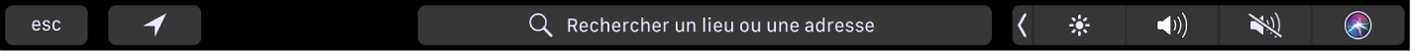 Touch Bar de Plans avec des boutons pour le lieu actuel et les itinéraires. La barre de recherche est également affichée.