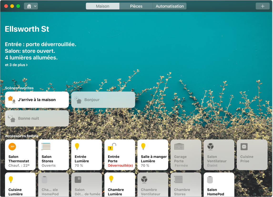L’app Maison affichant les scènes favorites et les accessoires favoris.