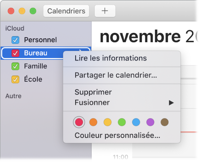 Menu contextuel Calendrier avec ses options pour la personnalisation de la couleur d’un calendrier.