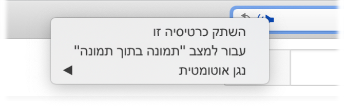 תפריט המשנה עבור הצלמית ״שמע״, עם האפשרויות ״השתק כרטיסיה זו״, ״עבור למצב ׳תמונה בתוך תמונה׳״ ו״נגן אוטומטית״.