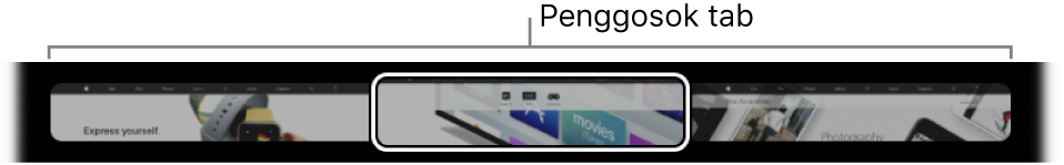 Penggosok tab di Touch Bar Safari. Menampilkan pratinjau kecil dari setiap tab yang dibuka.