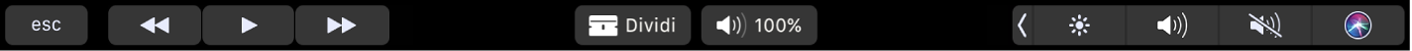 La Touch Bar di iMovie quando un videoclip è in riproduzione. Sono presenti i pulsanti per riavvolgere, riprodurre, mandare avanti velocemente, dividere un videoclip e regolare il volume.