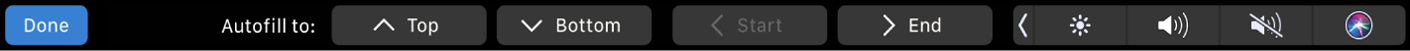 Autofill түймелері көрсетілген Numbers Touch Bar. Бұлар жоғарғы, төменгі, бастау және аяқтау түймелерін қамтиды.