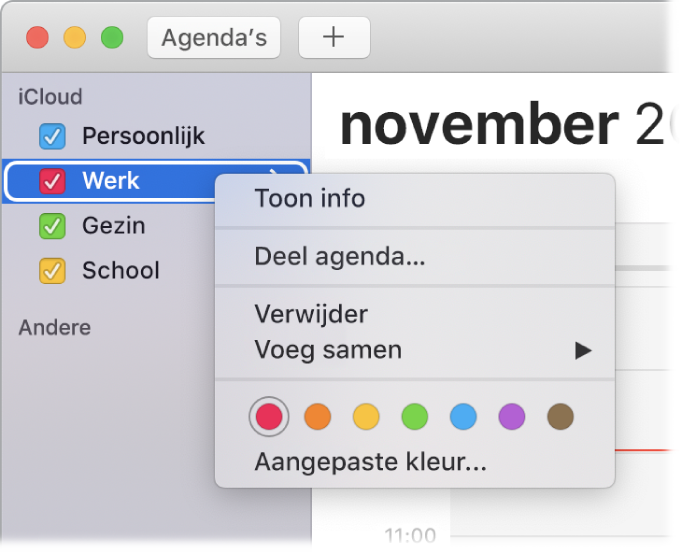 Het contextuele menu 'Agenda' met opties om de kleur van een agenda aan te passen.