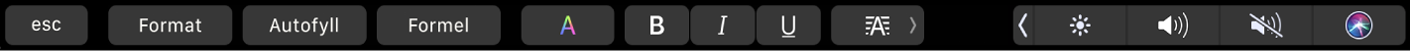 Touch Bar for Numbers med knapper for Format, Autofyll og Formel. Tekstformateringsknapper for farge, halvfet, kursiv, understreking og justering vises også.