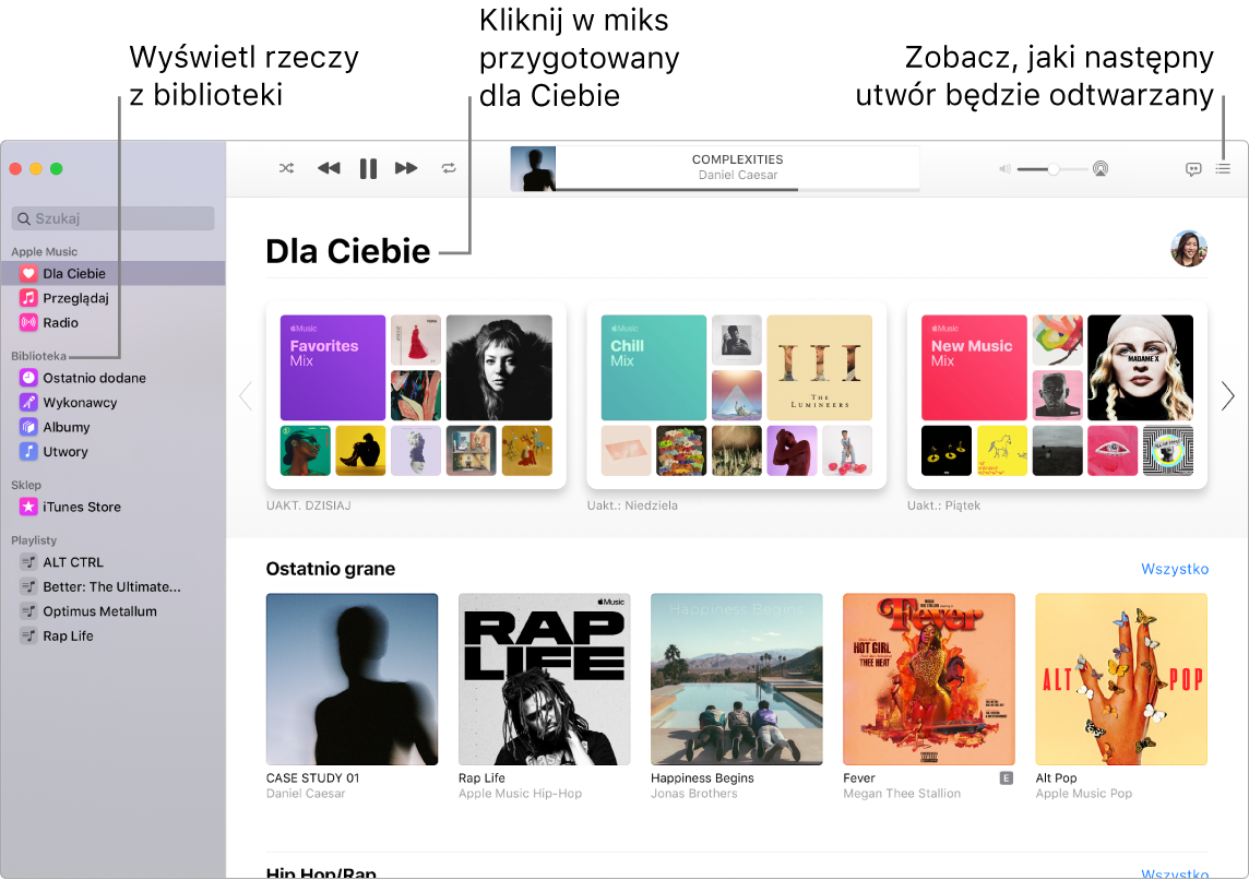 Okno aplikacji Muzyka pokazujące sposób wyświetlania biblioteki, słuchania Apple Music oraz wyświetlania utworów odtwarzanych w następnej kolejności.