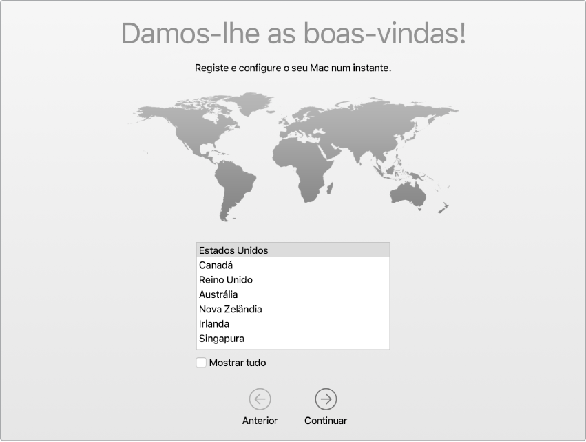 Um ecrã do Mac com o Assistente de Configuração a mostrar o ecrã de boas-vindas.