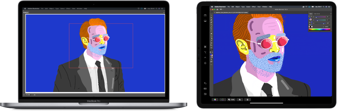 Un MacBook Pro și un iPad sunt alăturate. MacBook Pro-ul afișează ilustrația în fereastra de navigație din Illustrator. iPad-ul afișează aceeași ilustrație în fereastra documentului din Illustrator, înconjurată de bare de instrumente.