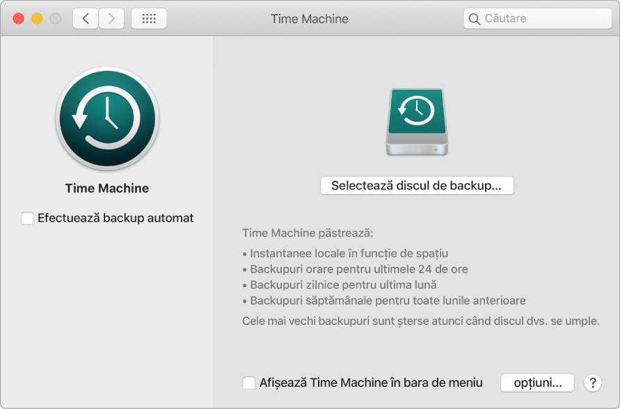 Fereastra de backup Time Machine.