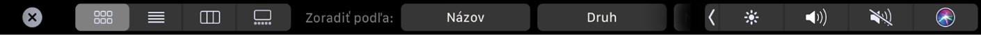 Touch Bar pre Finder s možnosťami zobrazenia a zoraďovania položiek.