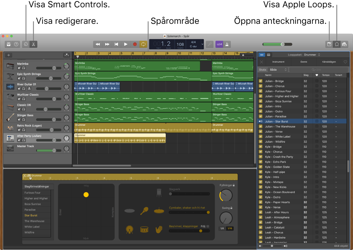 Ett GarageBand-fönster som visar knapparna för att komma åt Smart Controls, Redigerare, Anteckningar och Apple Loops. Även visningen av spår syns.