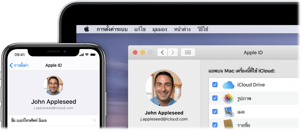 iPhone ที่แสดงการตั้งค่า iCloud และหน้าจอ Mac ที่แสดงหน้าต่าง iCloud