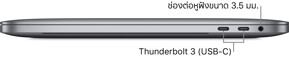 ภาพด้านขวาของ MacBook Pro ซึ่งมีคำบรรยายภาพของพอร์ต Thunderbolt 3 (USB-C) สองพอร์ต และช่องต่อหูฟังขนาด 3.5 มม.