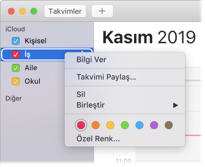 Bir takvimin rengini kişiselleştirme seçeneklerini içeren Takvim kestirme menüsü.