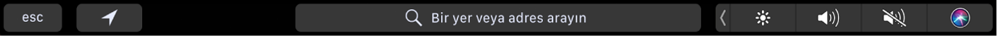 Şu anki konum ve yol tarifi düğmeleriyle Harita Touch Bar’ı. Arama çubuğu da görüntülenir.