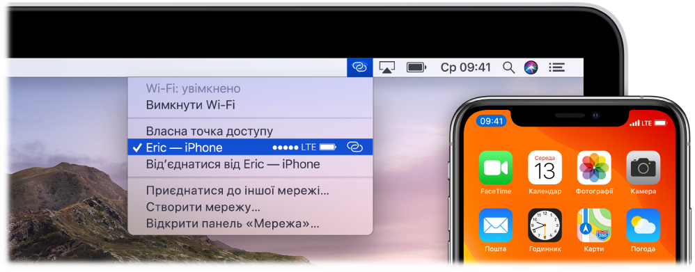 Екран Mac із меню Wi-Fi і персональною точкою доступу та під’єднаним iPhone.