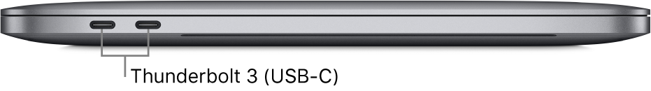 Cạnh bên trái của MacBook Pro, với các chú thích đến các cổng Thunderbolt 3 (USB-C).