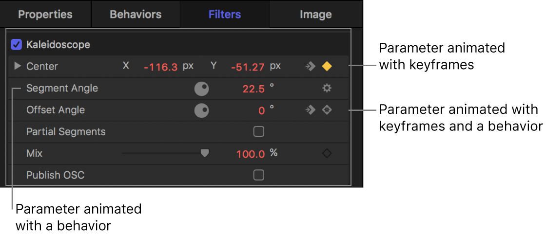 Informationsfenster mit einem Verhaltenssymbol in einer Parameterzeile, einem Keyframe-Symbol in einer Parameterzeile und einem Verhaltenssymbol innerhalb eines Keyframe-Symbols in einer Parameterzeile