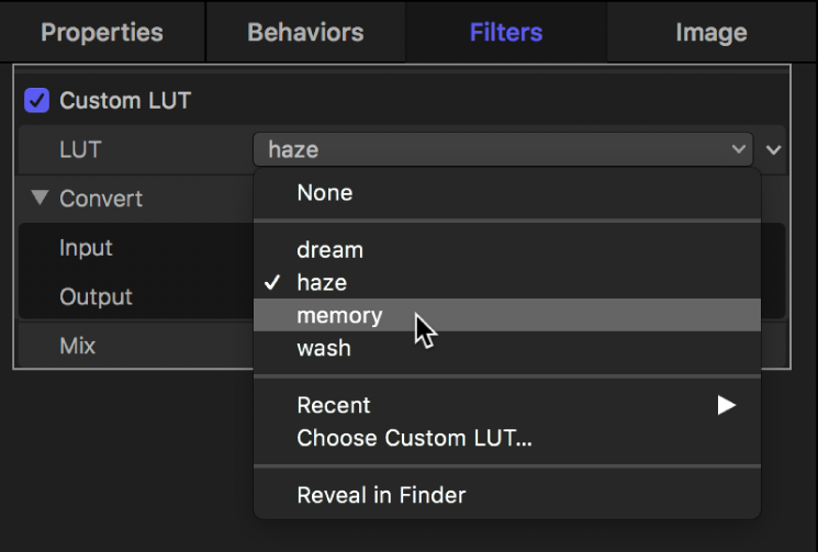 Das Informationsfenster „Filter“ mit einer ausgewählten LUT im Einblendmenü „LUT“