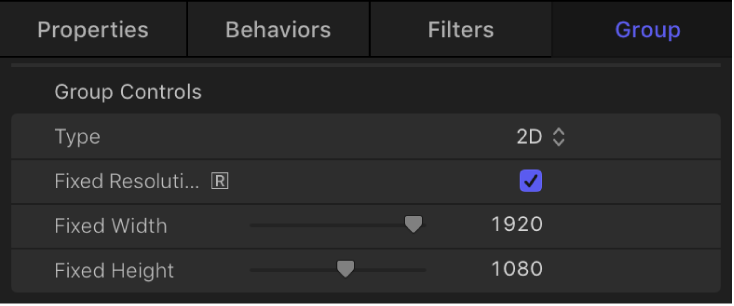 Group Inspector showing Fixed Resolution checkbox enabled