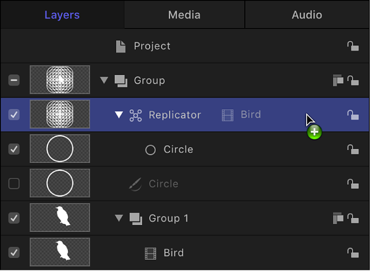 Layers list showing an object being dragged onto a replicator