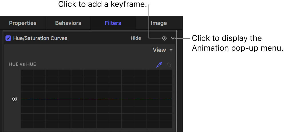 The Filters Inspector showing the Add Keyframe button and Animation pop-up menu button