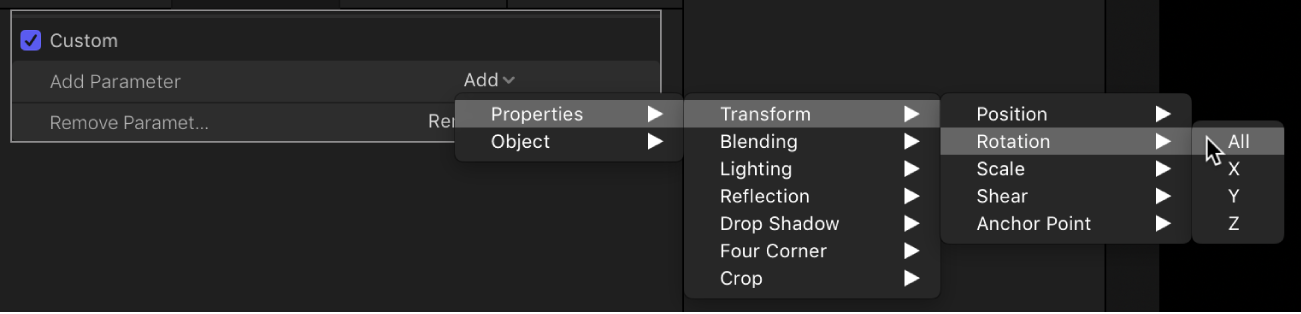 Behaviors Inspector showing parameter being added to the Custom behavior from Properties > Transform > Position submenu