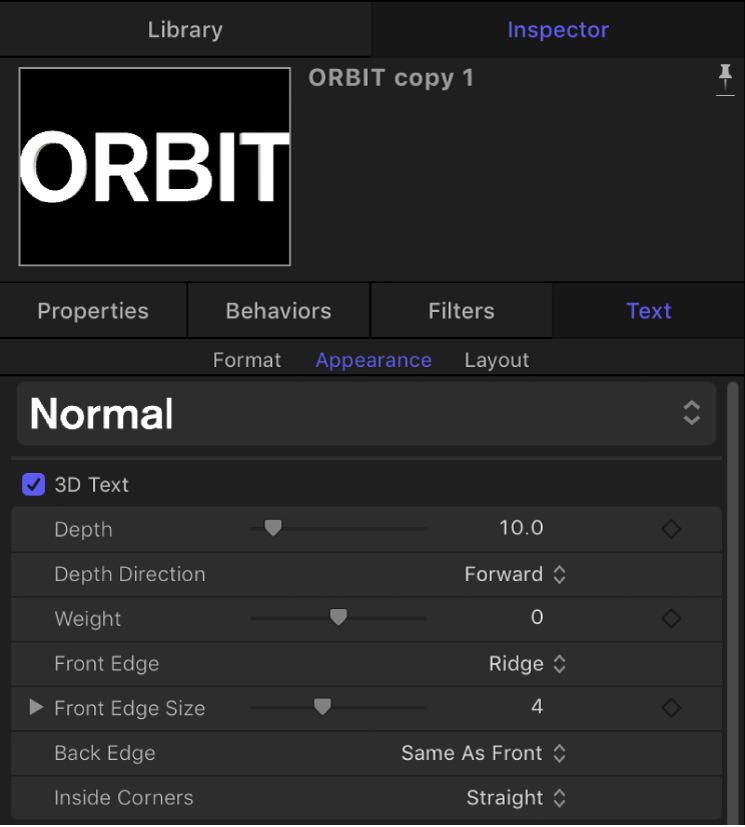 3D Text parameters in the Appearance pane of the Text Inspector