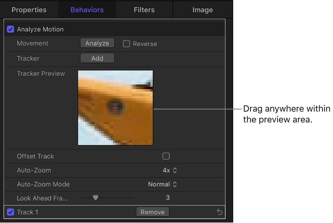 Behaviors Inspector showing Tracker Preview control