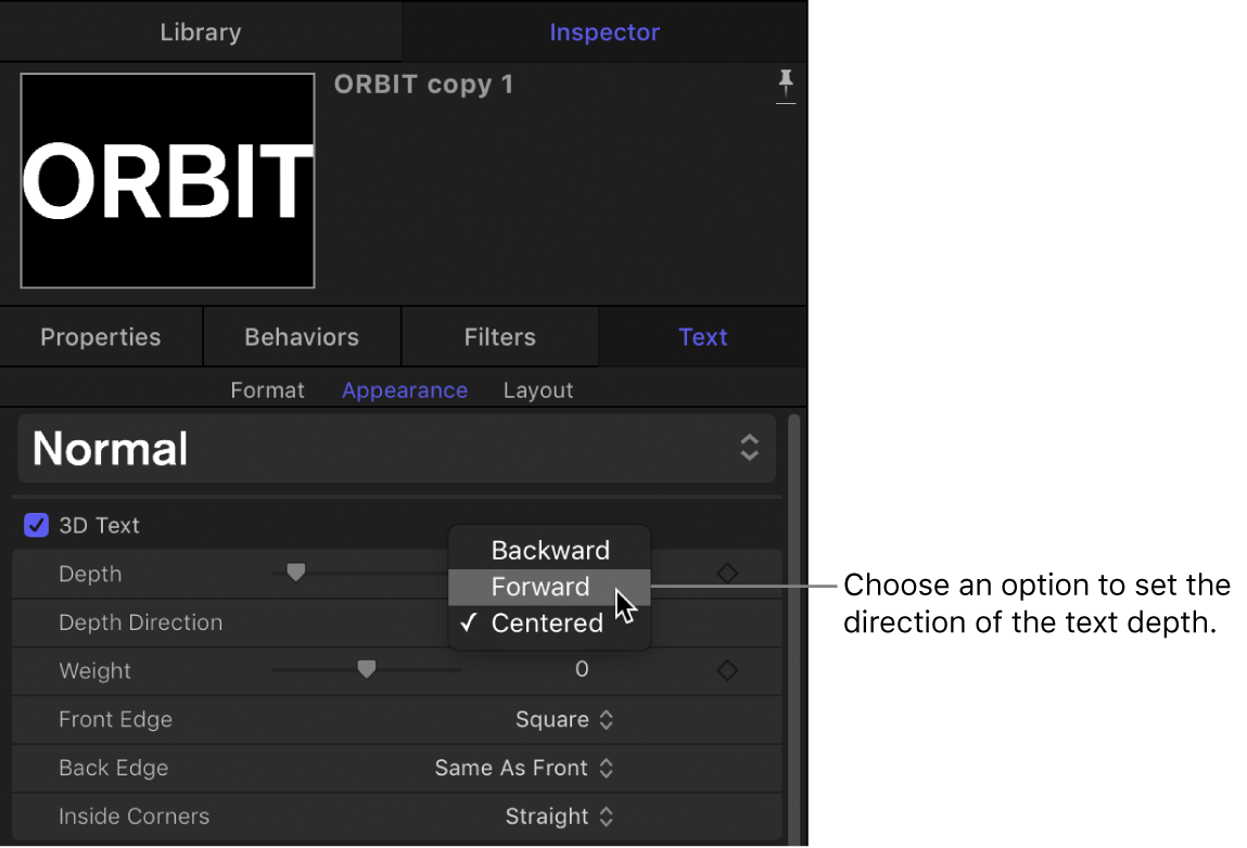 Appearance pane of the Text Inspector showing options in the Depth Direction pop-up menu