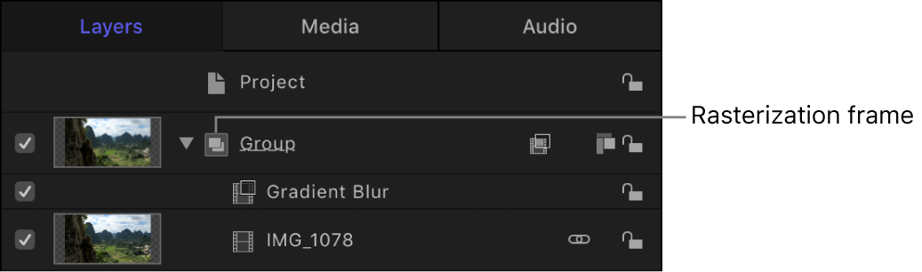 Layers list showing rasterization frame