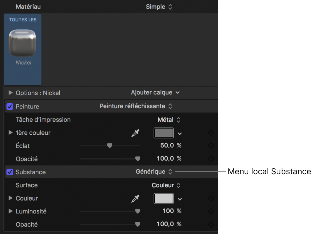 Sélection de Métal dans le menu local Type des commandes de substance Générique (fenêtre Apparence de l’inspecteur de texte)