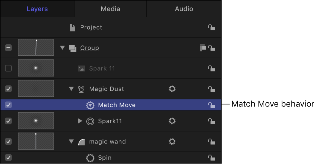 显示应用到粒子发射器的“匹配移动”行为的层列表